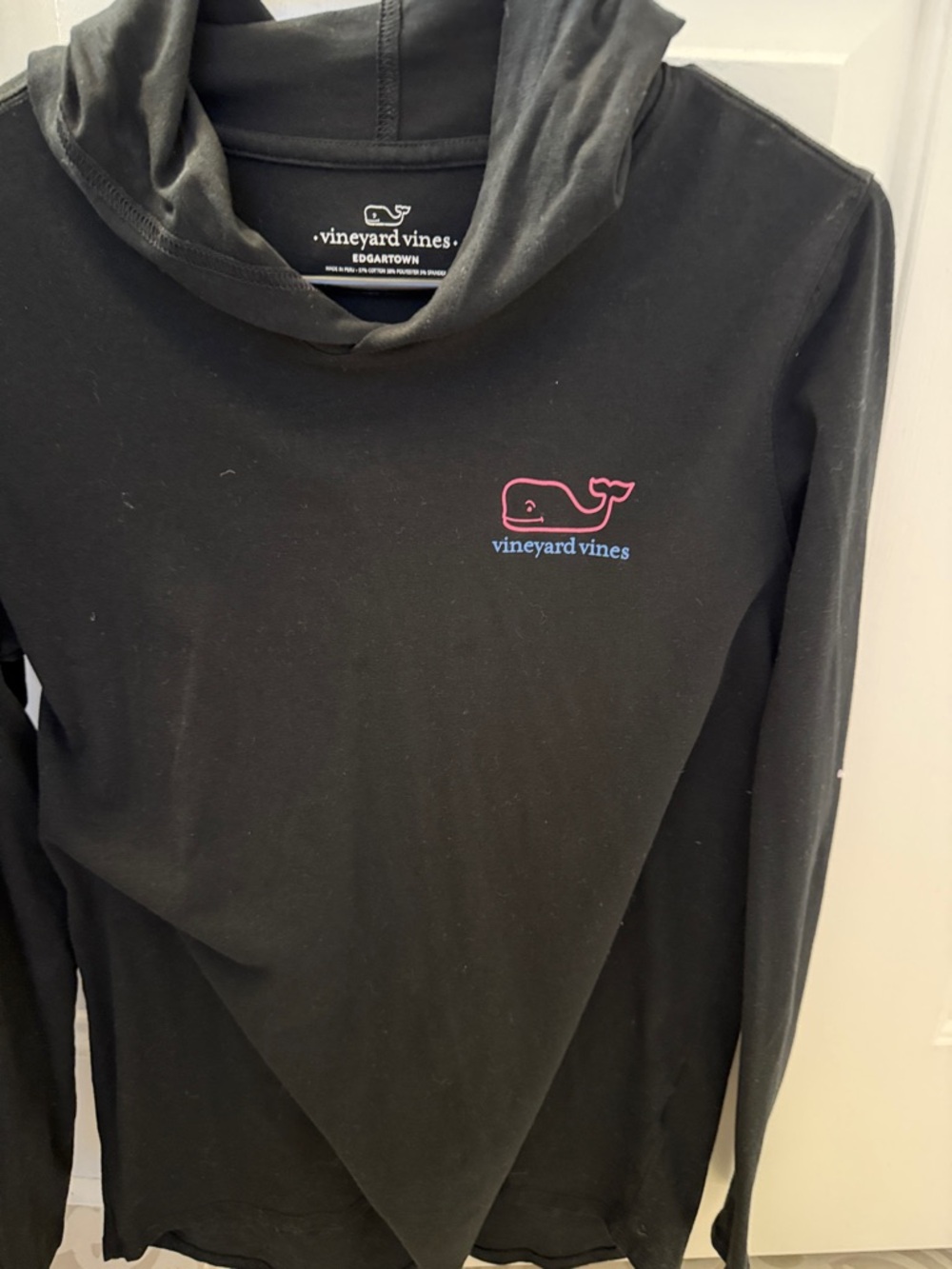 Vineyard Vines Black Hoodie with Pink Whale and Blue Logo. Worn once